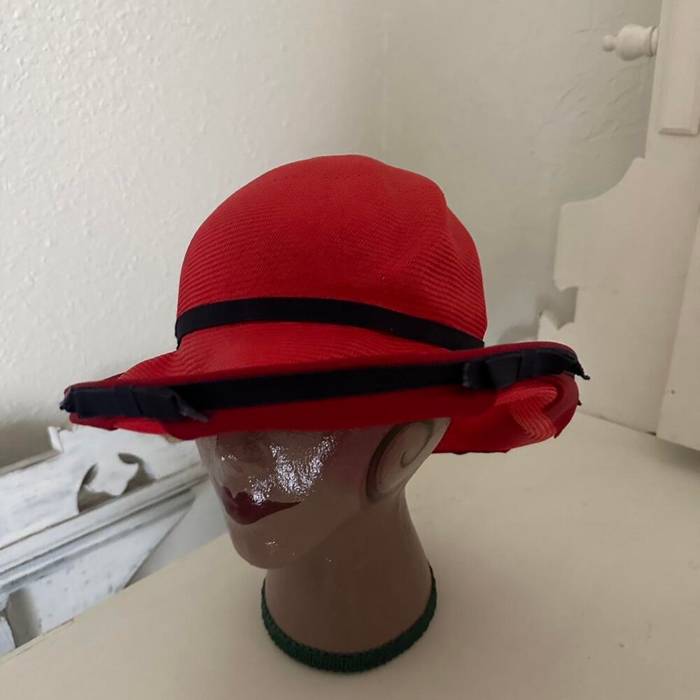 Sonni California Women’s One Size Red Woven Brim Hat Bows 1950s